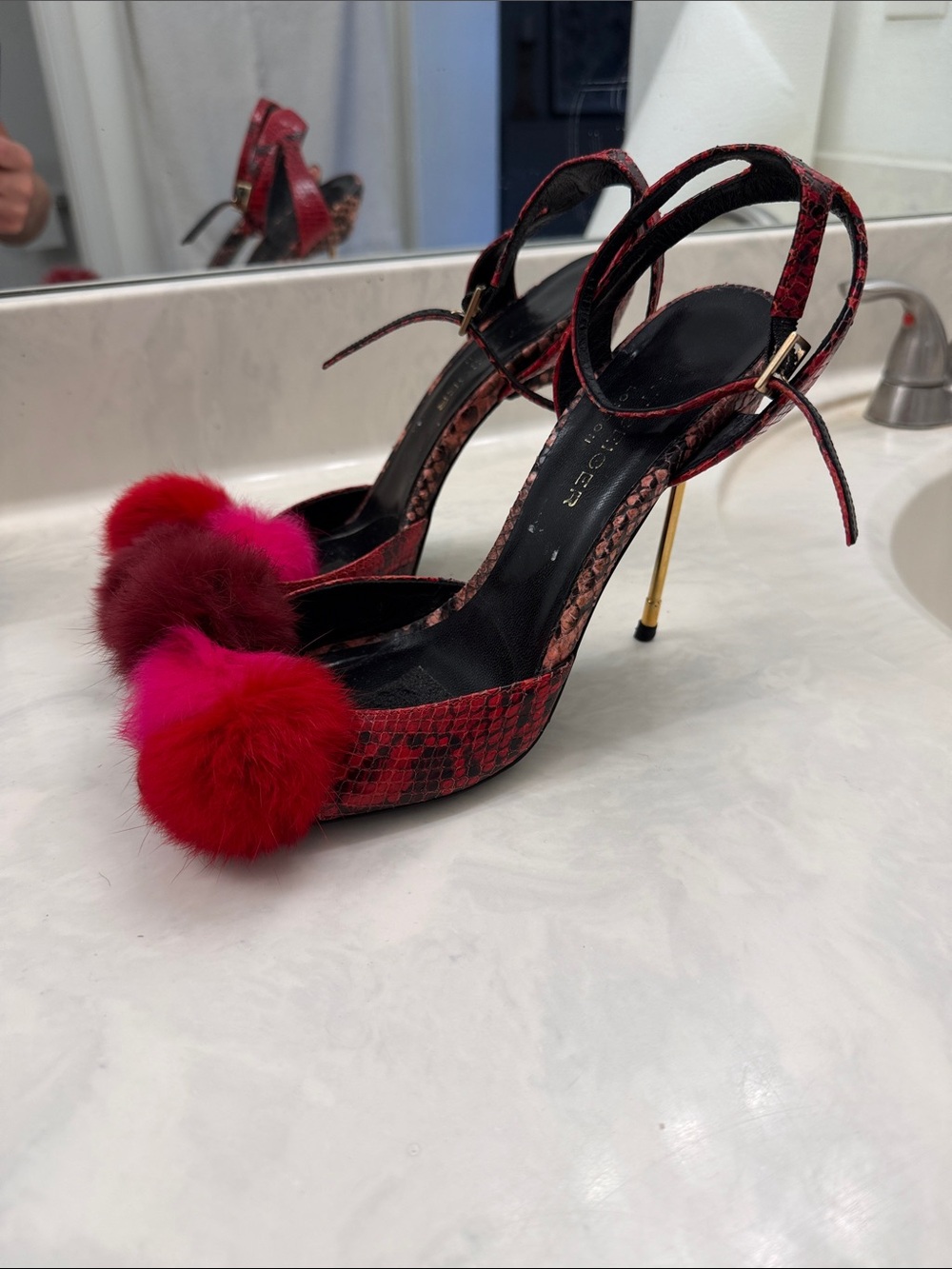 Kurt Geiger  Red Pink Pom-Pom Ankle Strap Heels